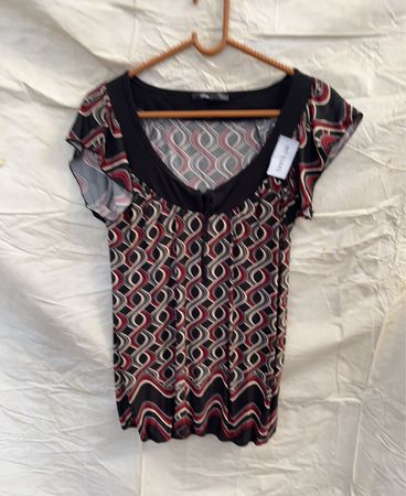 Blouse with Red, White, and Black Pattern