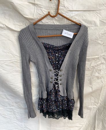 Gray Knit Cardigan with Floral Lace Trim Top