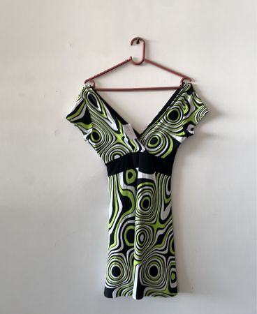Dress with Green, Black, and White Pattern