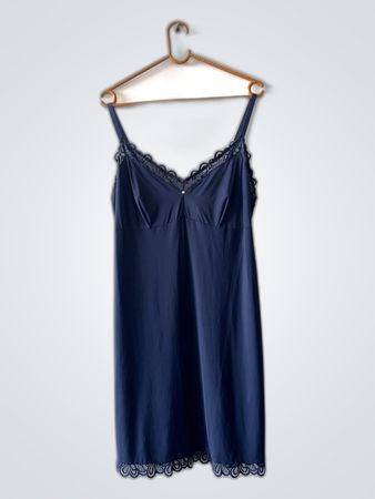 Navy Blue Silk Chemise with Lace Trim