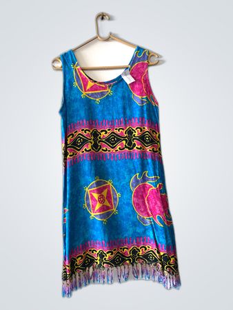 Blue Fringed Dress with Pink and Yellow Design