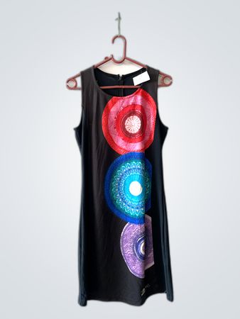Black Sleeveless Dress with Colorful Circular Designs