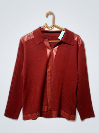 Red knit jacket with leather details