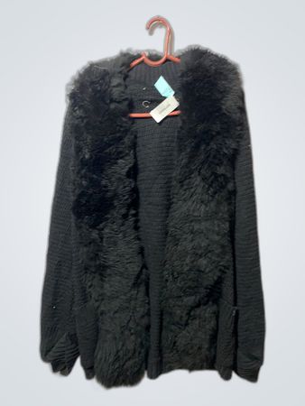 Black Fur Trimmed Knit Cardigan