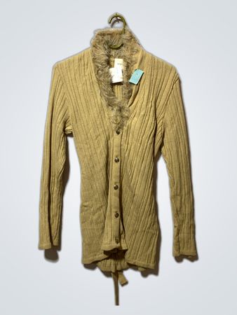 Tan Knit Cardigan with Fur Trim