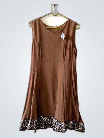 Brown Sleeveless Dress with Floral Hem