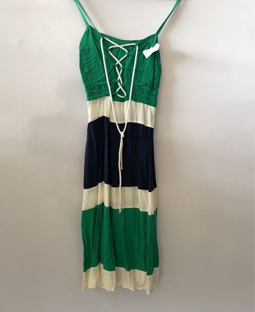 Green, White, and Navy Blue Striped Dress