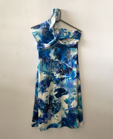 Blue Floral Halter Neck Dress
