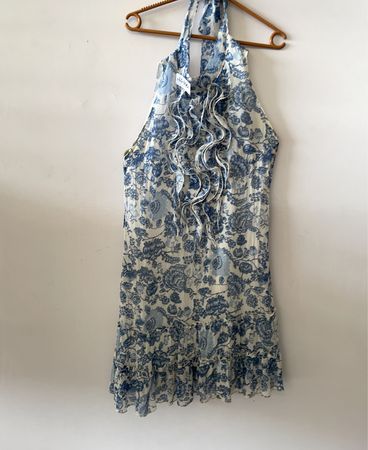 Blue Floral Halter Neck Dress