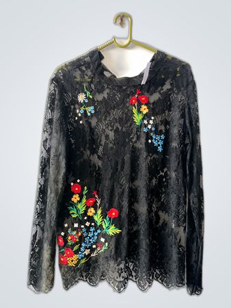 Black Lace Blouse with Floral Embroidery