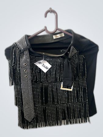 Black Fringed Top with Rhinestones