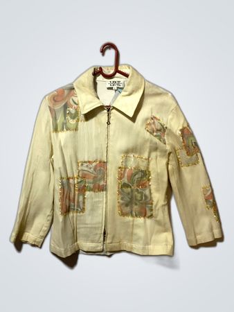 Women’s Cream Colored Zipper Jacket with Floral Patch Details