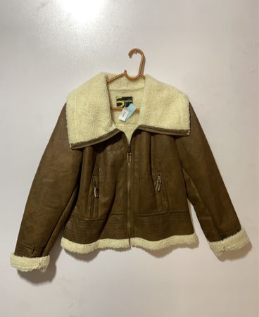 Brown Leather Jacket with Sheepskin Collar and Cuffs