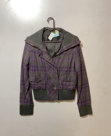 Gray and Purple Plaid Jacket with Hood