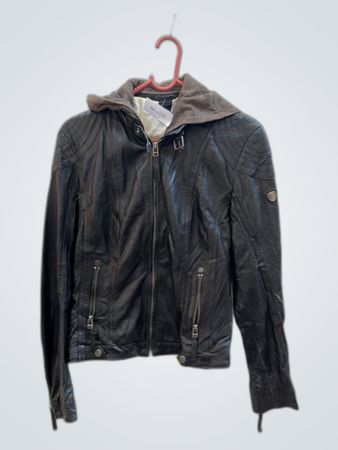 Black Leather Jacket with Gray Hood