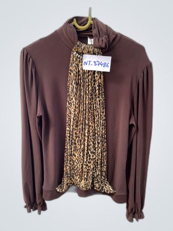 Brown Long-Sleeve Top with Leopard Trim