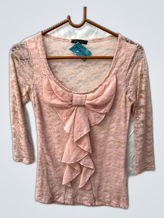 Pink Lace Blouse with Bow Detail