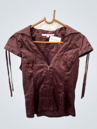 Brown Satin Blouse with Zipper and Pockets