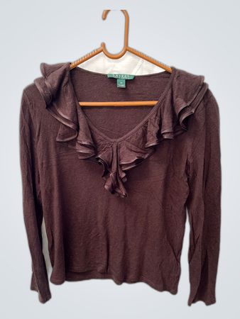 Brown Ruffled Off-The-Shoulder Long-Sleeve Top