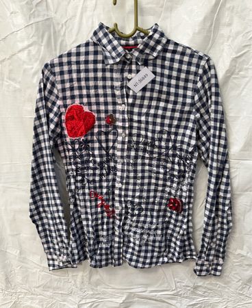 Gingham shirt with red heart and black writing