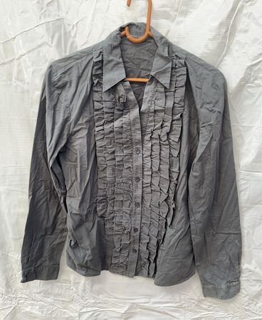 Gray Ruffled Button-Down Shirt