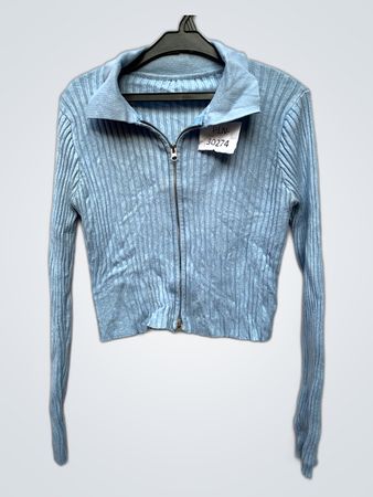 Blue Ribbed Zip-Up Sweater