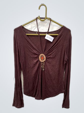 Brown Long-Sleeve Top with Beaded Embellishment