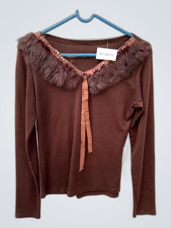 Brown Long Sleeve Top with Fur Trim