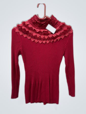 Red Long-Sleeve Blouse with Lace Collar