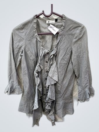 Kwoman Gray Striped Ruffled Blouse