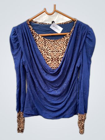Blue Long Sleeve Top with Leopard Trim