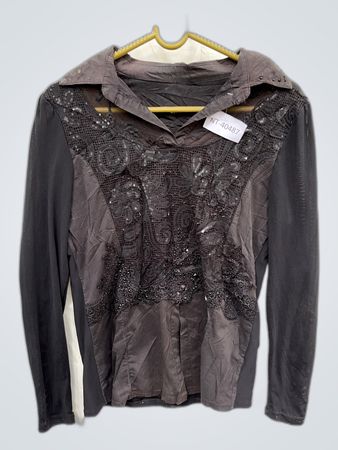 Gray Long-Sleeve Blouse with Embellished Front