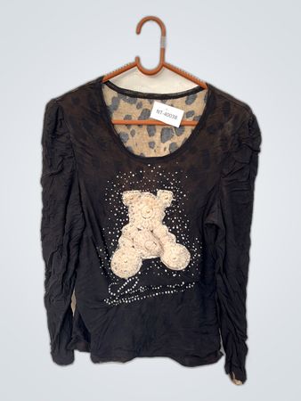 Black Puffed Sleeve Blouse with Beaded Teddy Bear Graphic