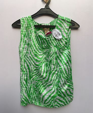 Plisse Pleated Sleeveless Blouse in Green and White