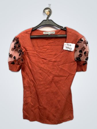 Absolutely Famous Rust Knit Top with Sheer Floral Sleeves