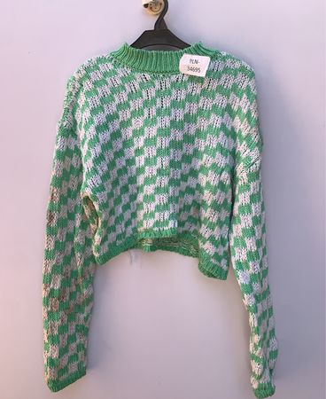 Unbranded Green and White Checkered Cropped Turtleneck Knit Sweater