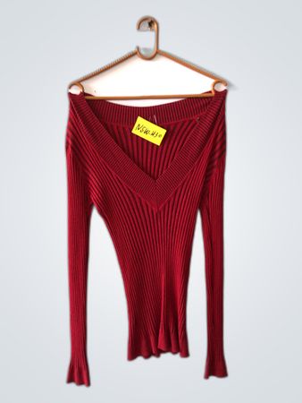 Red Ribbed V-Neck Knit Sweater
