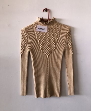 Beige Textured Knit Turtleneck Sweater
