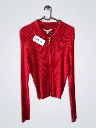 Red Ribbed Zipper Sweater