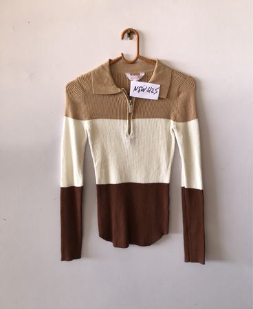 Striped Zip-Up Knit Polo Sweater