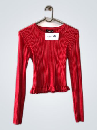 Red Ribbed Long-Sleeve Top