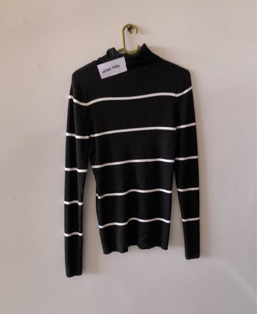 Black and White Striped Turtleneck Sweater
