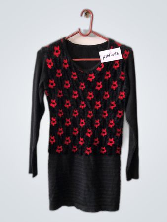 Black Knit Sweater with Red Pattern