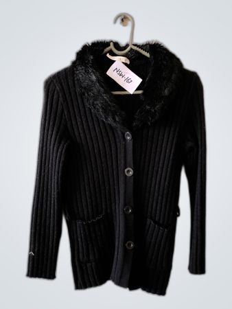 Black Knit Fur Collar Cardigan