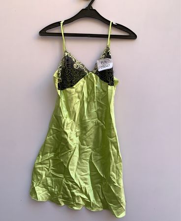 Green Satin Slip Dress with Lace Trim