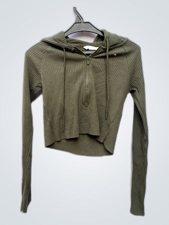 Olive Green Ribbed Cropped Hoodie