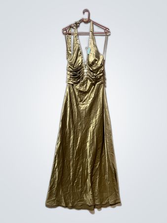 Gold Satin Halter Maxi Party Dress
