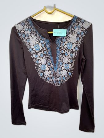 Brown Long Sleeve Top with Floral Embroidery