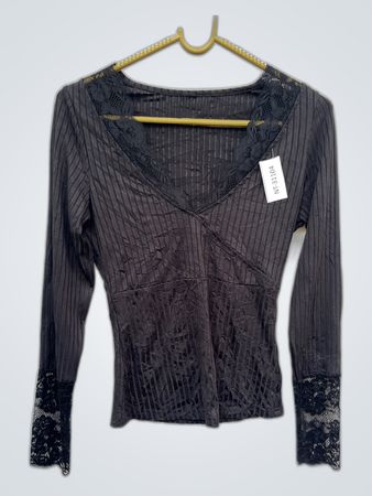 Motel Black Lace Trim Ribbed Blouse