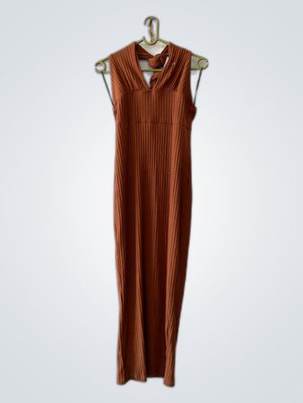 Rust Ribbed Halter Midi Dress